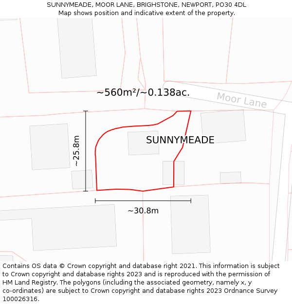 SUNNYMEADE, MOOR LANE, BRIGHSTONE, NEWPORT, PO30 4DL: Plot and title map