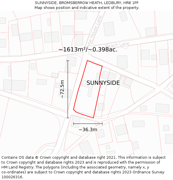 SUNNYSIDE, BROMSBERROW HEATH, LEDBURY, HR8 1PF: Plot and title map