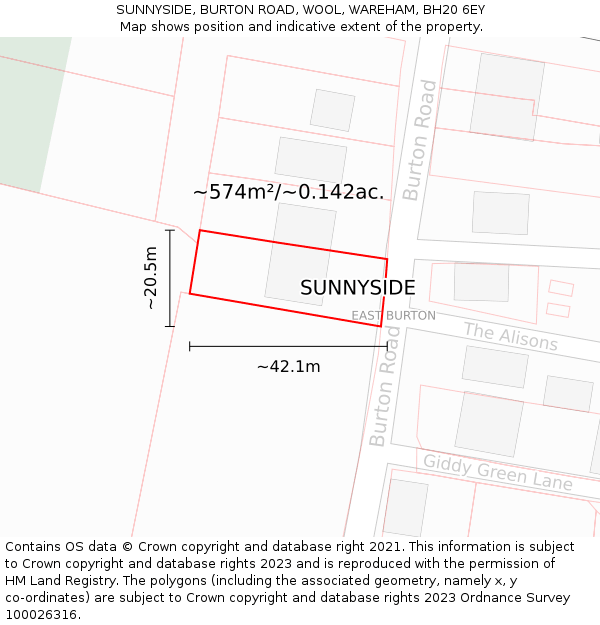 SUNNYSIDE, BURTON ROAD, WOOL, WAREHAM, BH20 6EY: Plot and title map