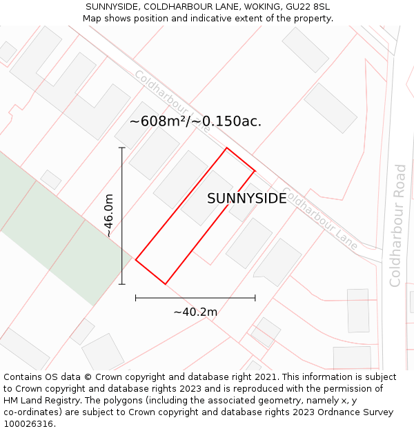 SUNNYSIDE, COLDHARBOUR LANE, WOKING, GU22 8SL: Plot and title map