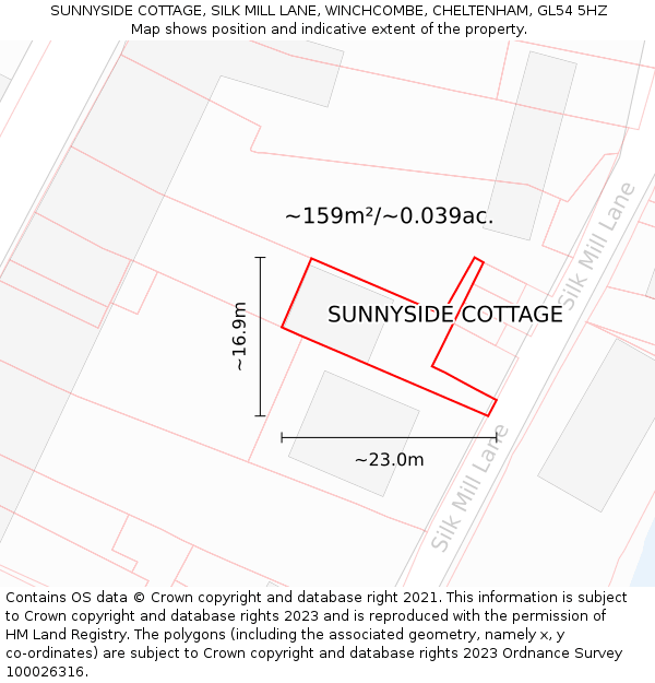 SUNNYSIDE COTTAGE, SILK MILL LANE, WINCHCOMBE, CHELTENHAM, GL54 5HZ: Plot and title map