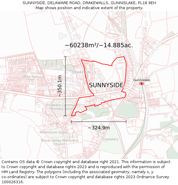 SUNNYSIDE, DELAWARE ROAD, DRAKEWALLS, GUNNISLAKE, PL18 9EH: Plot and title map