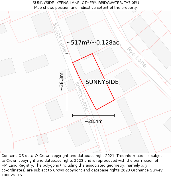 SUNNYSIDE, KEENS LANE, OTHERY, BRIDGWATER, TA7 0PU: Plot and title map