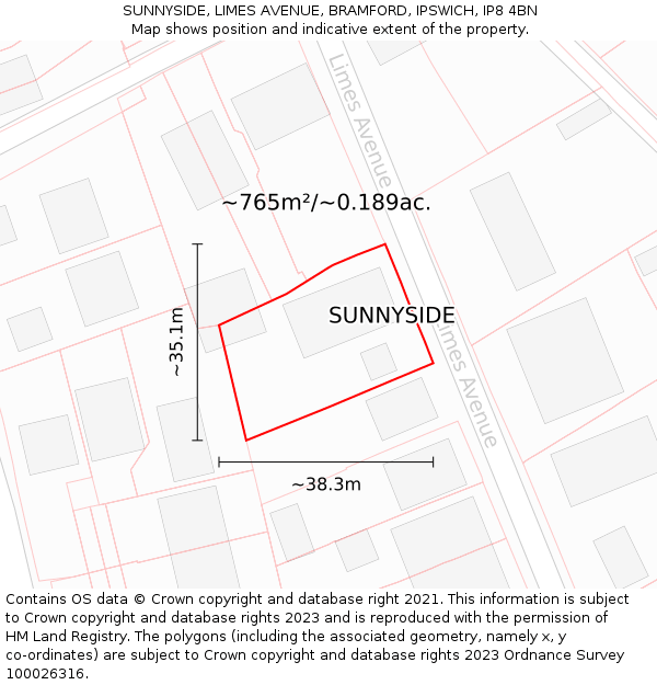 SUNNYSIDE, LIMES AVENUE, BRAMFORD, IPSWICH, IP8 4BN: Plot and title map