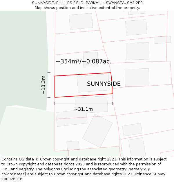 SUNNYSIDE, PHILLIPS FIELD, PARKMILL, SWANSEA, SA3 2EP: Plot and title map