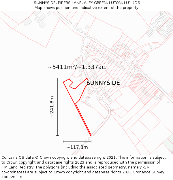 SUNNYSIDE, PIPERS LANE, ALEY GREEN, LUTON, LU1 4DS: Plot and title map