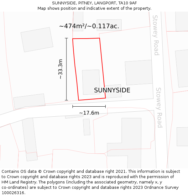 SUNNYSIDE, PITNEY, LANGPORT, TA10 9AF: Plot and title map