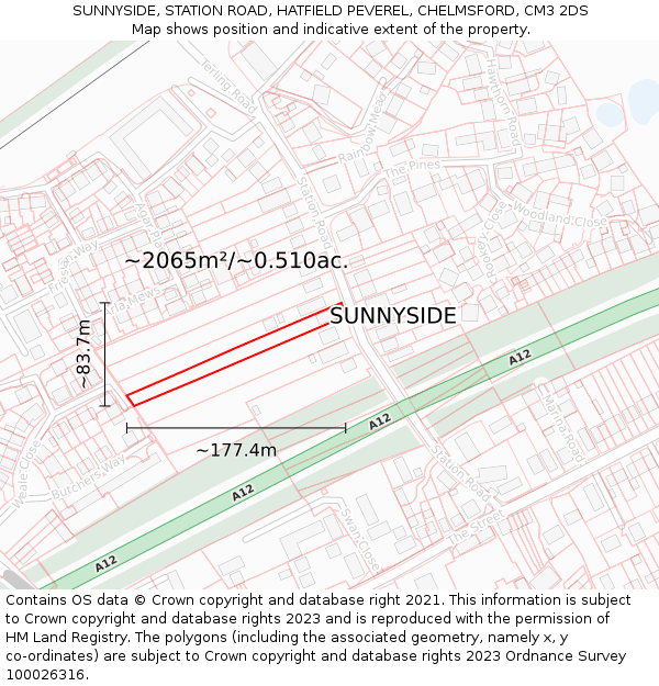 SUNNYSIDE, STATION ROAD, HATFIELD PEVEREL, CHELMSFORD, CM3 2DS: Plot and title map