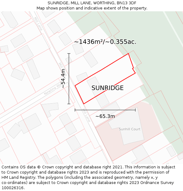 SUNRIDGE, MILL LANE, WORTHING, BN13 3DF: Plot and title map
