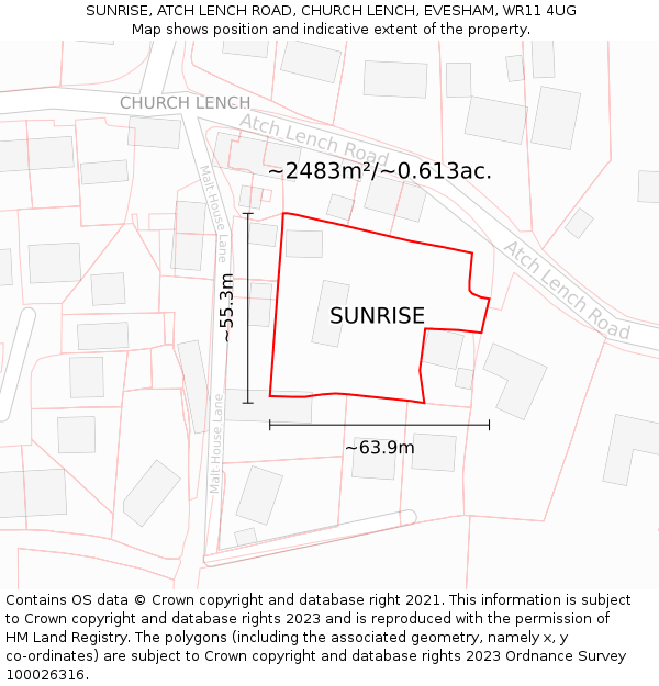 SUNRISE, ATCH LENCH ROAD, CHURCH LENCH, EVESHAM, WR11 4UG: Plot and title map