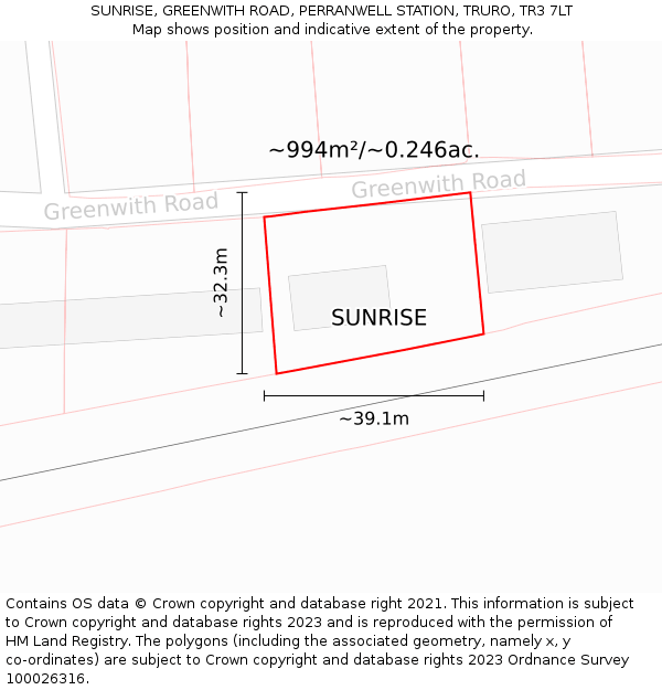 SUNRISE, GREENWITH ROAD, PERRANWELL STATION, TRURO, TR3 7LT: Plot and title map