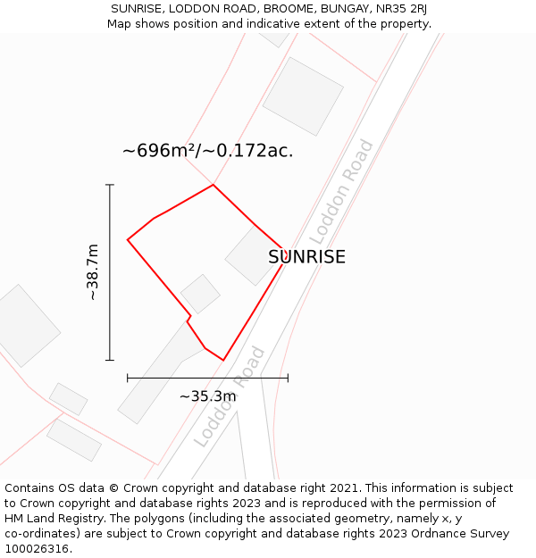 SUNRISE, LODDON ROAD, BROOME, BUNGAY, NR35 2RJ: Plot and title map