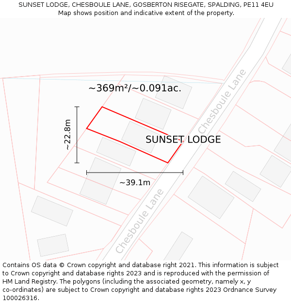 SUNSET LODGE, CHESBOULE LANE, GOSBERTON RISEGATE, SPALDING, PE11 4EU: Plot and title map