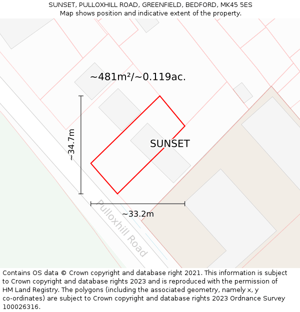 SUNSET, PULLOXHILL ROAD, GREENFIELD, BEDFORD, MK45 5ES: Plot and title map