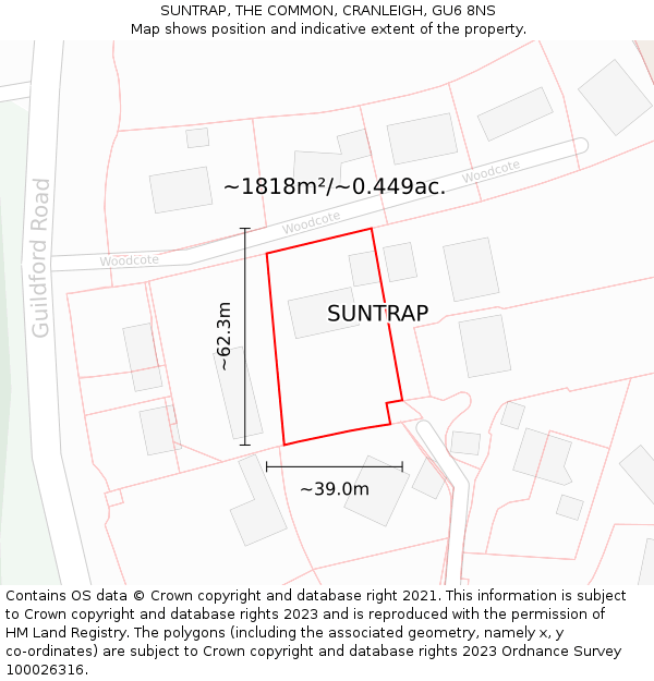 SUNTRAP, THE COMMON, CRANLEIGH, GU6 8NS: Plot and title map