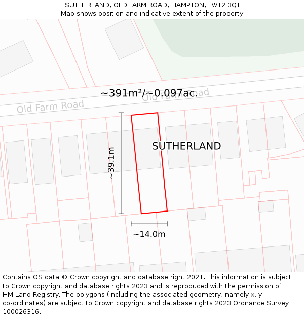 SUTHERLAND, OLD FARM ROAD, HAMPTON, TW12 3QT: Plot and title map