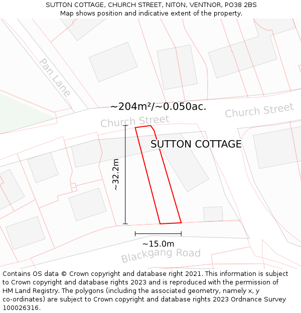 SUTTON COTTAGE, CHURCH STREET, NITON, VENTNOR, PO38 2BS: Plot and title map