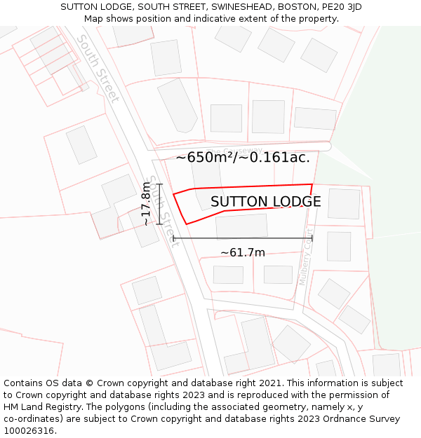SUTTON LODGE, SOUTH STREET, SWINESHEAD, BOSTON, PE20 3JD: Plot and title map