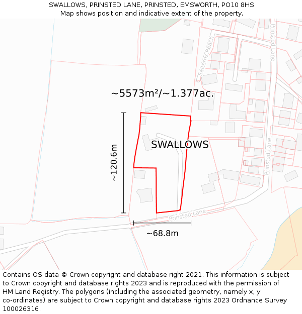 SWALLOWS, PRINSTED LANE, PRINSTED, EMSWORTH, PO10 8HS: Plot and title map