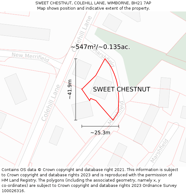 SWEET CHESTNUT, COLEHILL LANE, WIMBORNE, BH21 7AP: Plot and title map