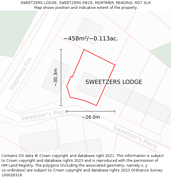 SWEETZERS LODGE, SWEETZERS PIECE, MORTIMER, READING, RG7 3UX: Plot and title map