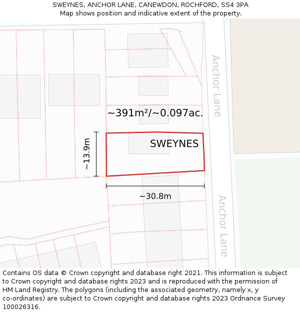 SWEYNES, ANCHOR LANE, CANEWDON, ROCHFORD, SS4 3PA: Plot and title map