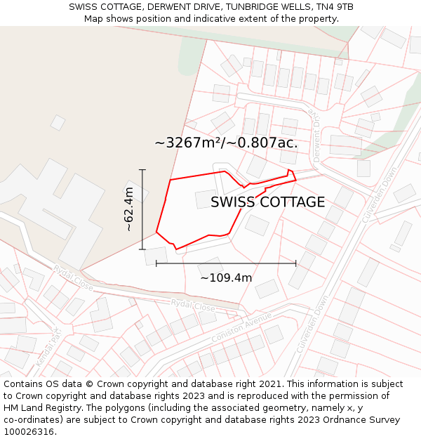 SWISS COTTAGE, DERWENT DRIVE, TUNBRIDGE WELLS, TN4 9TB: Plot and title map