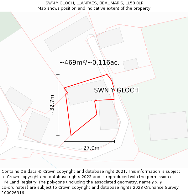 SWN Y GLOCH, LLANFAES, BEAUMARIS, LL58 8LP: Plot and title map