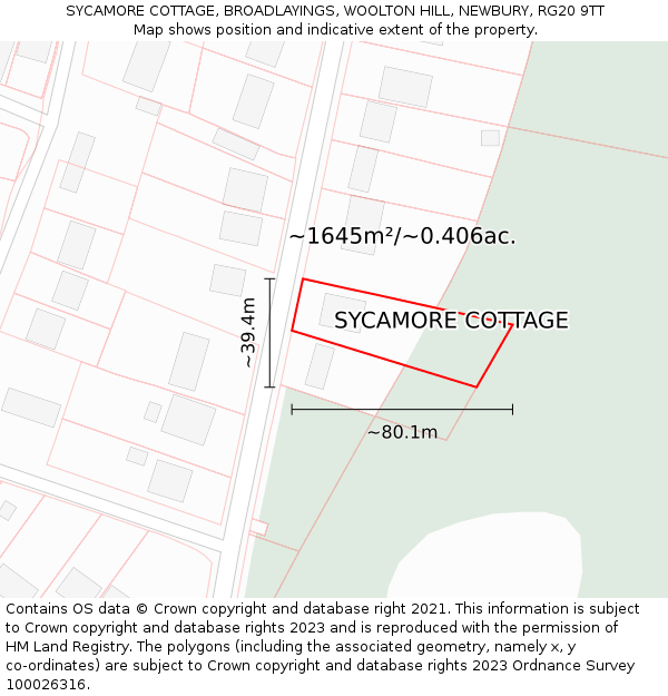 SYCAMORE COTTAGE, BROADLAYINGS, WOOLTON HILL, NEWBURY, RG20 9TT: Plot and title map