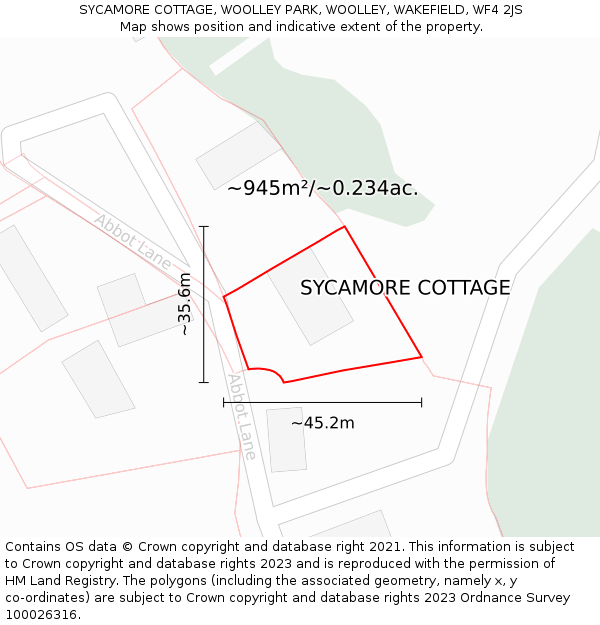 SYCAMORE COTTAGE, WOOLLEY PARK, WOOLLEY, WAKEFIELD, WF4 2JS: Plot and title map