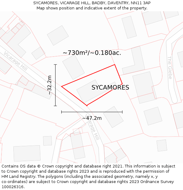 SYCAMORES, VICARAGE HILL, BADBY, DAVENTRY, NN11 3AP: Plot and title map