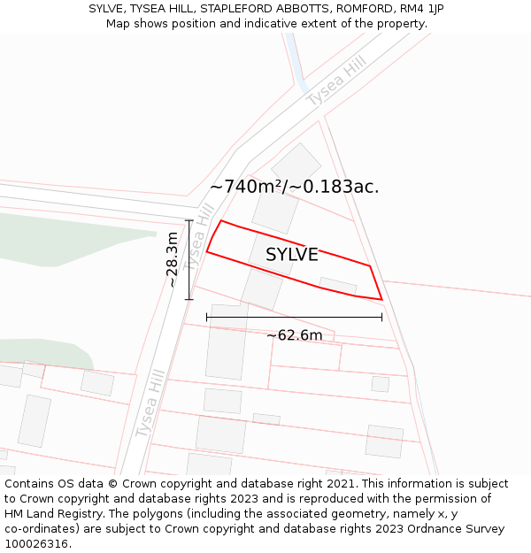 SYLVE, TYSEA HILL, STAPLEFORD ABBOTTS, ROMFORD, RM4 1JP: Plot and title map