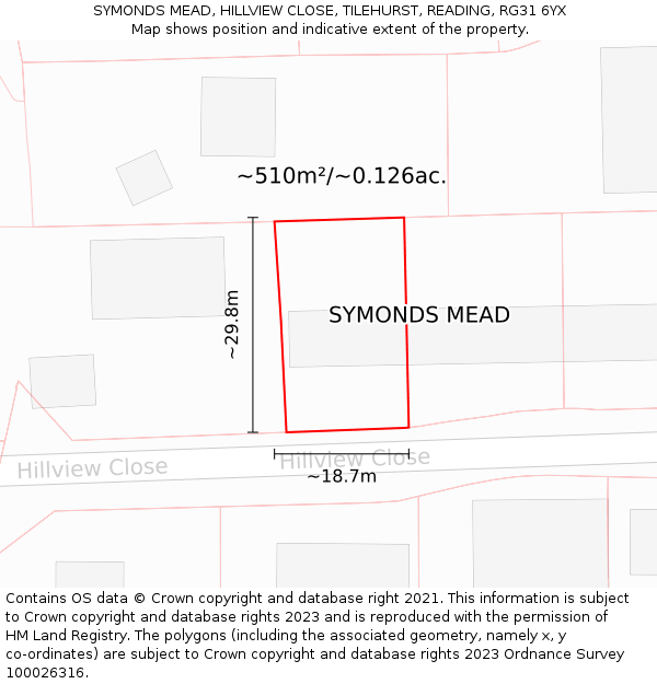 SYMONDS MEAD, HILLVIEW CLOSE, TILEHURST, READING, RG31 6YX: Plot and title map