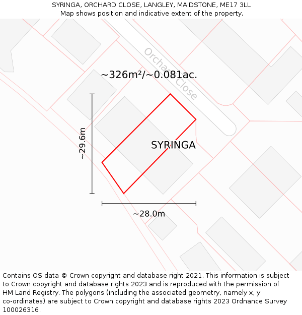 SYRINGA, ORCHARD CLOSE, LANGLEY, MAIDSTONE, ME17 3LL: Plot and title map