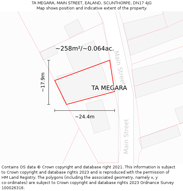 TA MEGARA, MAIN STREET, EALAND, SCUNTHORPE, DN17 4JG: Plot and title map