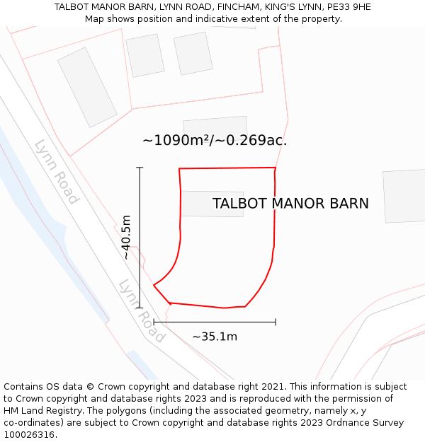 TALBOT MANOR BARN, LYNN ROAD, FINCHAM, KING'S LYNN, PE33 9HE: Plot and title map