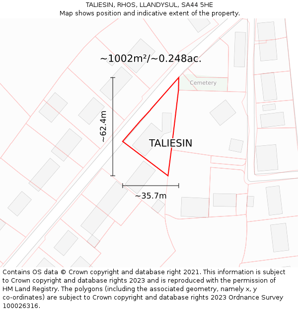 TALIESIN, RHOS, LLANDYSUL, SA44 5HE: Plot and title map