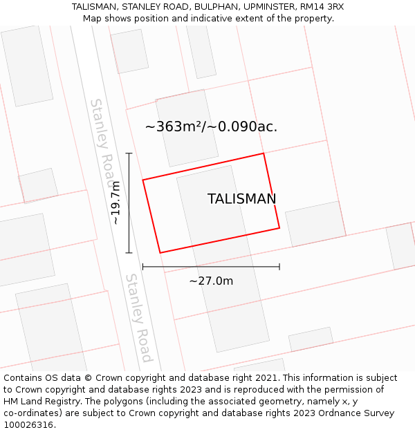 TALISMAN, STANLEY ROAD, BULPHAN, UPMINSTER, RM14 3RX: Plot and title map