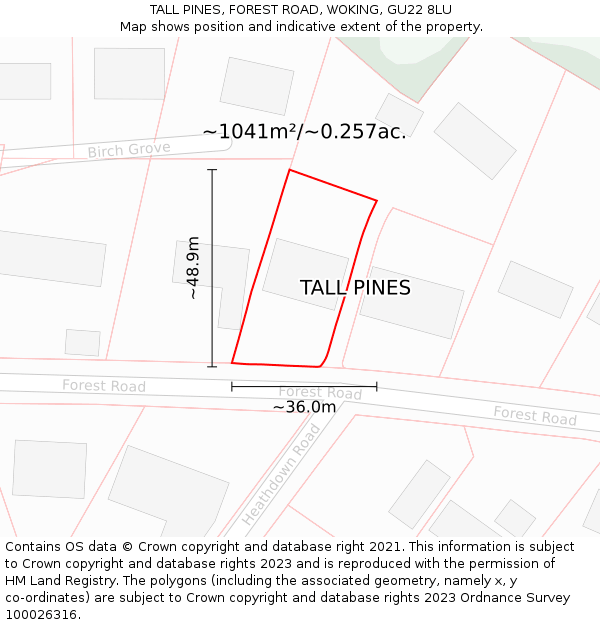 TALL PINES, FOREST ROAD, WOKING, GU22 8LU: Plot and title map