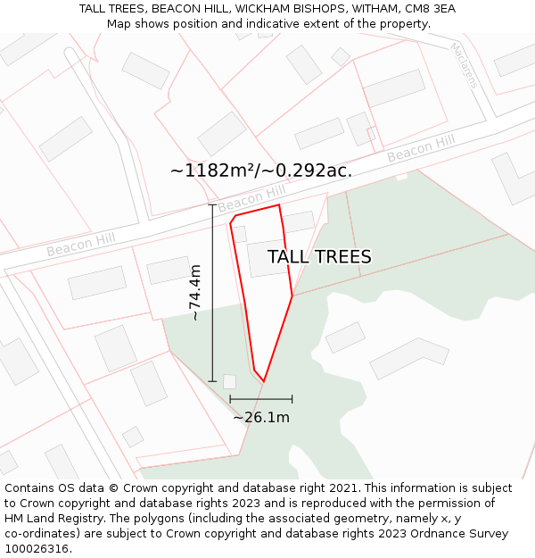 TALL TREES, BEACON HILL, WICKHAM BISHOPS, WITHAM, CM8 3EA: Plot and title map