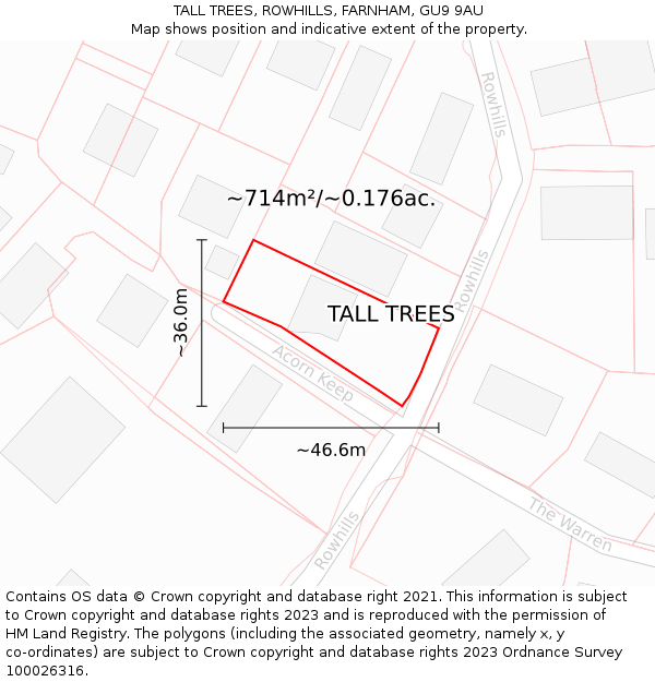 TALL TREES, ROWHILLS, FARNHAM, GU9 9AU: Plot and title map