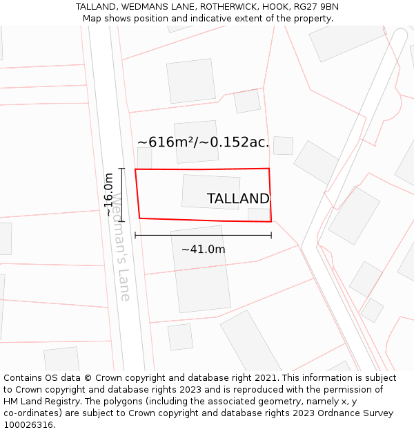 TALLAND, WEDMANS LANE, ROTHERWICK, HOOK, RG27 9BN: Plot and title map