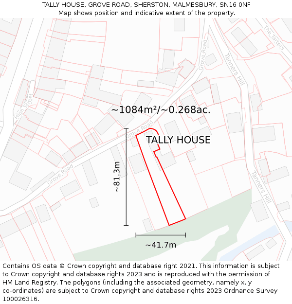 TALLY HOUSE, GROVE ROAD, SHERSTON, MALMESBURY, SN16 0NF: Plot and title map