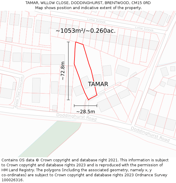 TAMAR, WILLOW CLOSE, DODDINGHURST, BRENTWOOD, CM15 0RD: Plot and title map