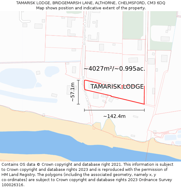 TAMARISK LODGE, BRIDGEMARSH LANE, ALTHORNE, CHELMSFORD, CM3 6DQ: Plot and title map