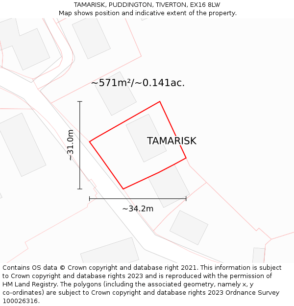 TAMARISK, PUDDINGTON, TIVERTON, EX16 8LW: Plot and title map
