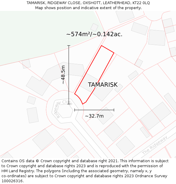 TAMARISK, RIDGEWAY CLOSE, OXSHOTT, LEATHERHEAD, KT22 0LQ: Plot and title map