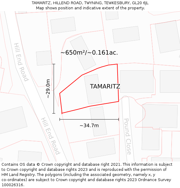 TAMARITZ, HILLEND ROAD, TWYNING, TEWKESBURY, GL20 6JL: Plot and title map