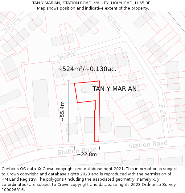 TAN Y MARIAN, STATION ROAD, VALLEY, HOLYHEAD, LL65 3EL: Plot and title map