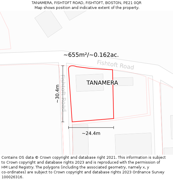 TANAMERA, FISHTOFT ROAD, FISHTOFT, BOSTON, PE21 0QR: Plot and title map